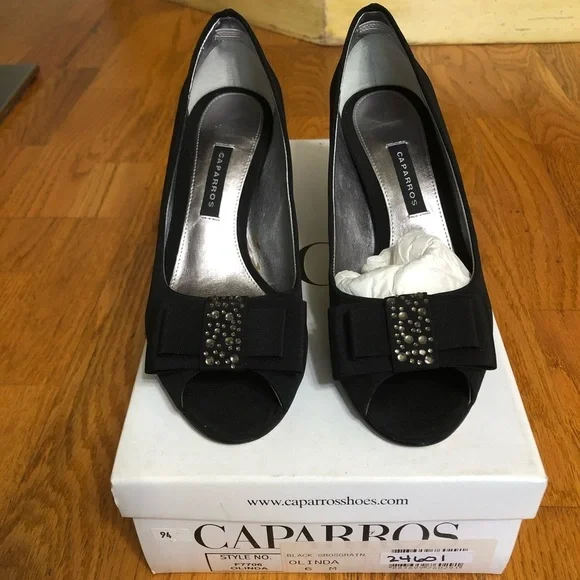New Caparros Black Satin Leather Peep Toe Pumps 6 - Picture 3 of 7